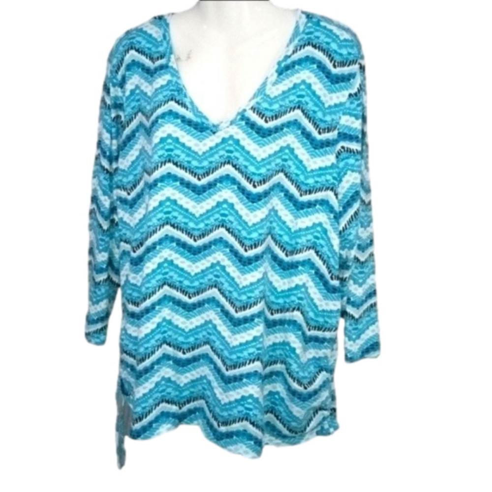caribbean joe v-necked long-sleeve knit chevron top blues black white size 2x